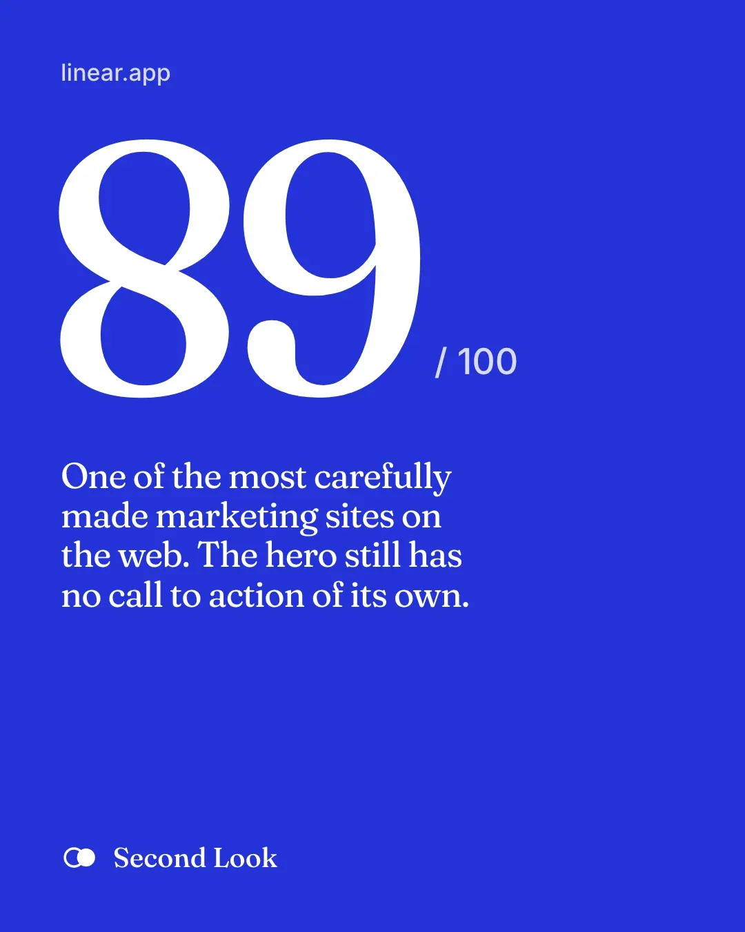 A LinkedIn carousel cover in ultramarine: linear.app, a giant 89 / 100 and the verdict in serif type.