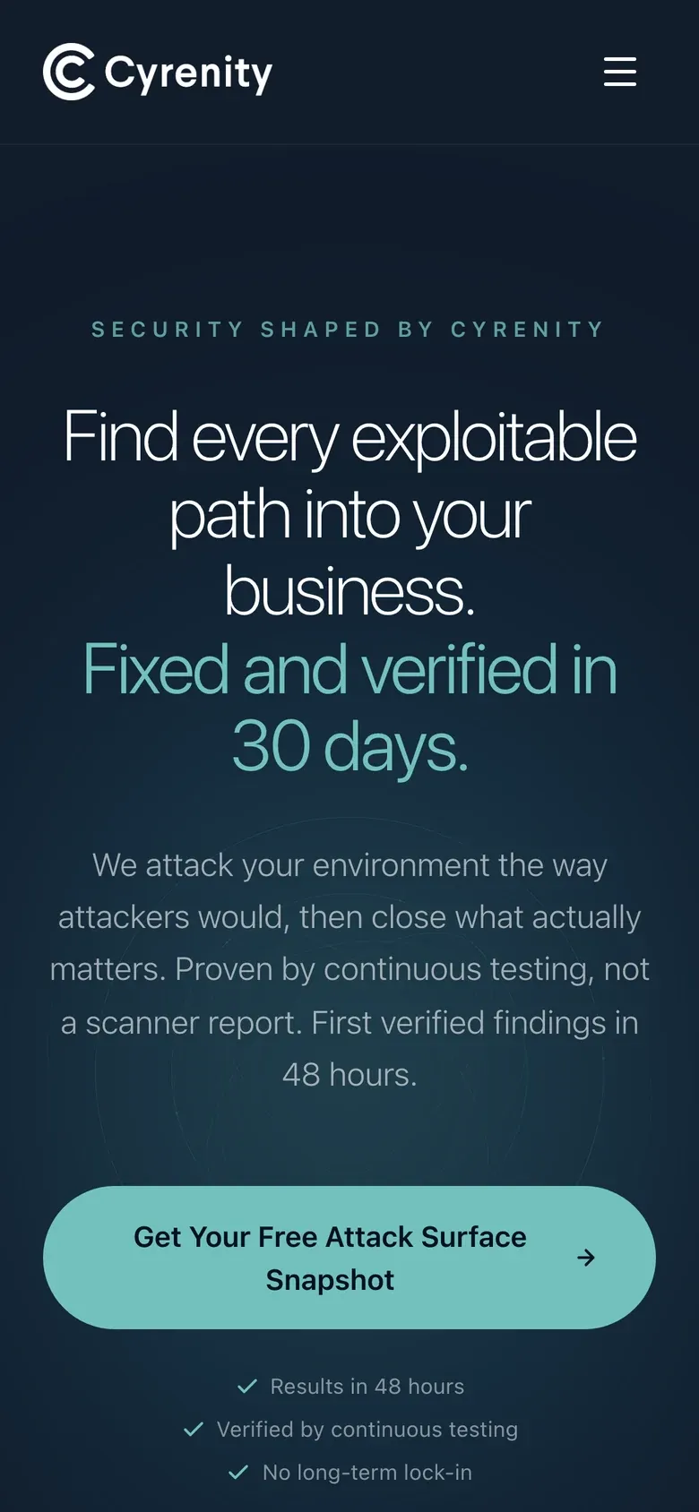 The cyrenitycyber.com first screen at phone width.