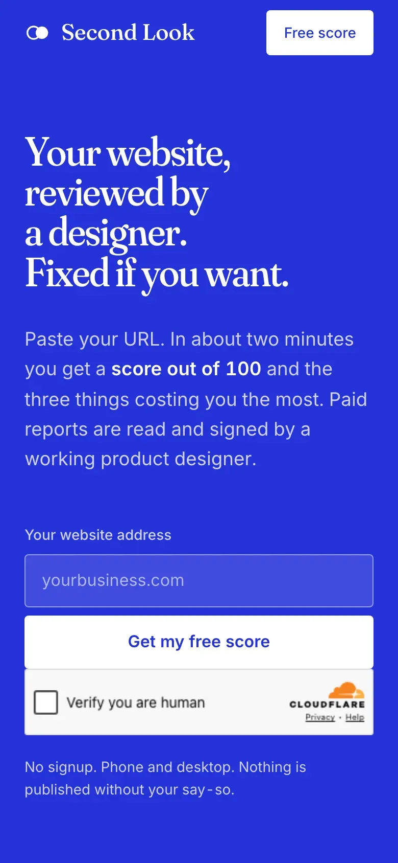 The Second Look homepage at phone width: stepped headline, URL field and free-score button.