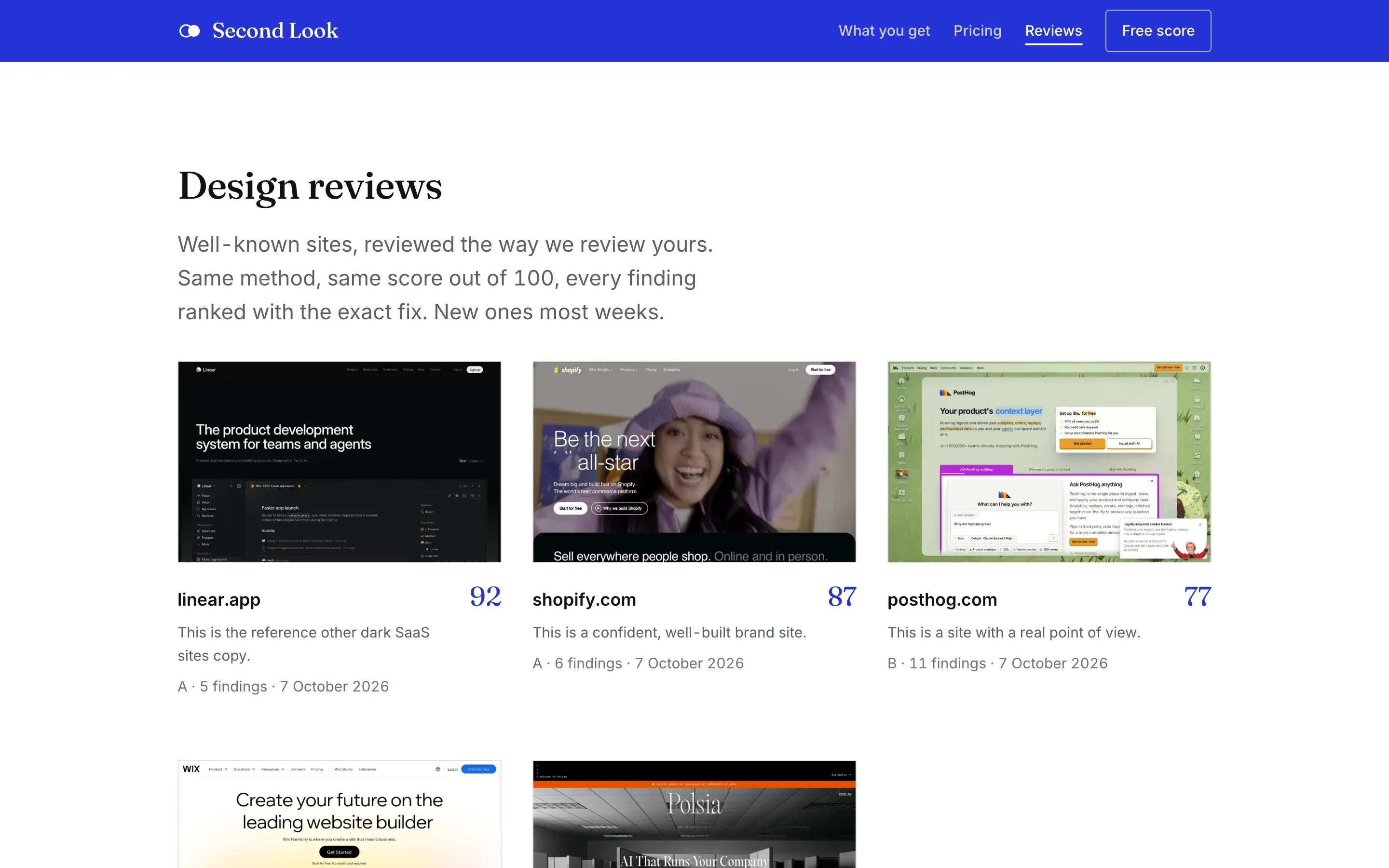 The Second Look reviews index: linear.app 92, shopify.com 87 and posthog.com 77, each with a screenshot and one-line verdict.