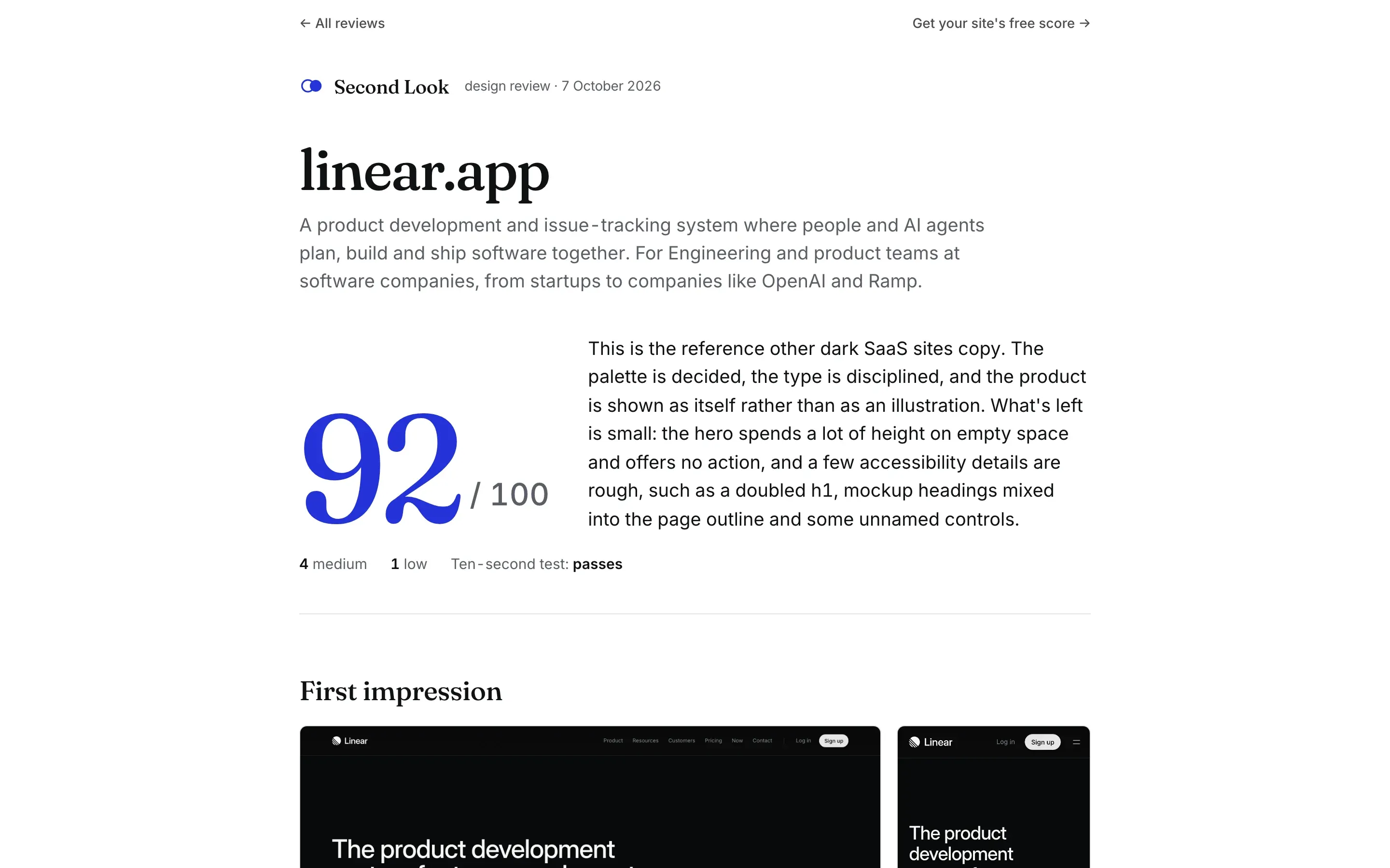 A published Second Look review of linear.app: a large 92 / 100 score beside a one-paragraph verdict, then the first-impression screenshots.